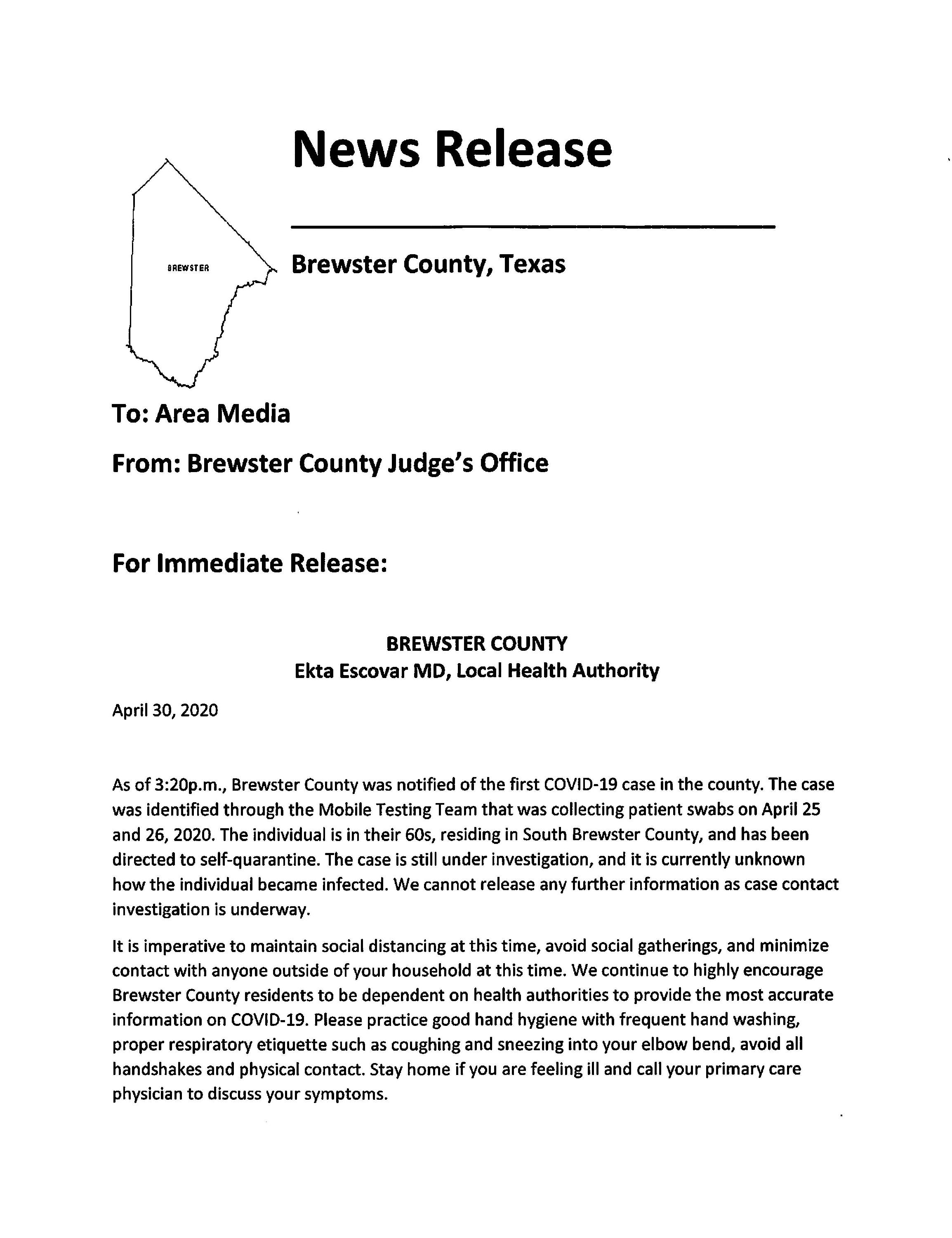 News Release from Dr. Ekta Escovar MD, Local Health Authority